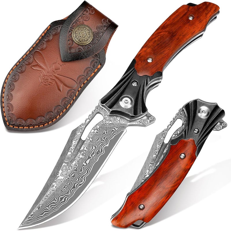 Zingbee Damascus Pocket Knife for Men Women, Wood Handle Folding Knife with Sheath, 3.15" Damascus Steel Blade Pocket Knives for Outdoor - Image 1